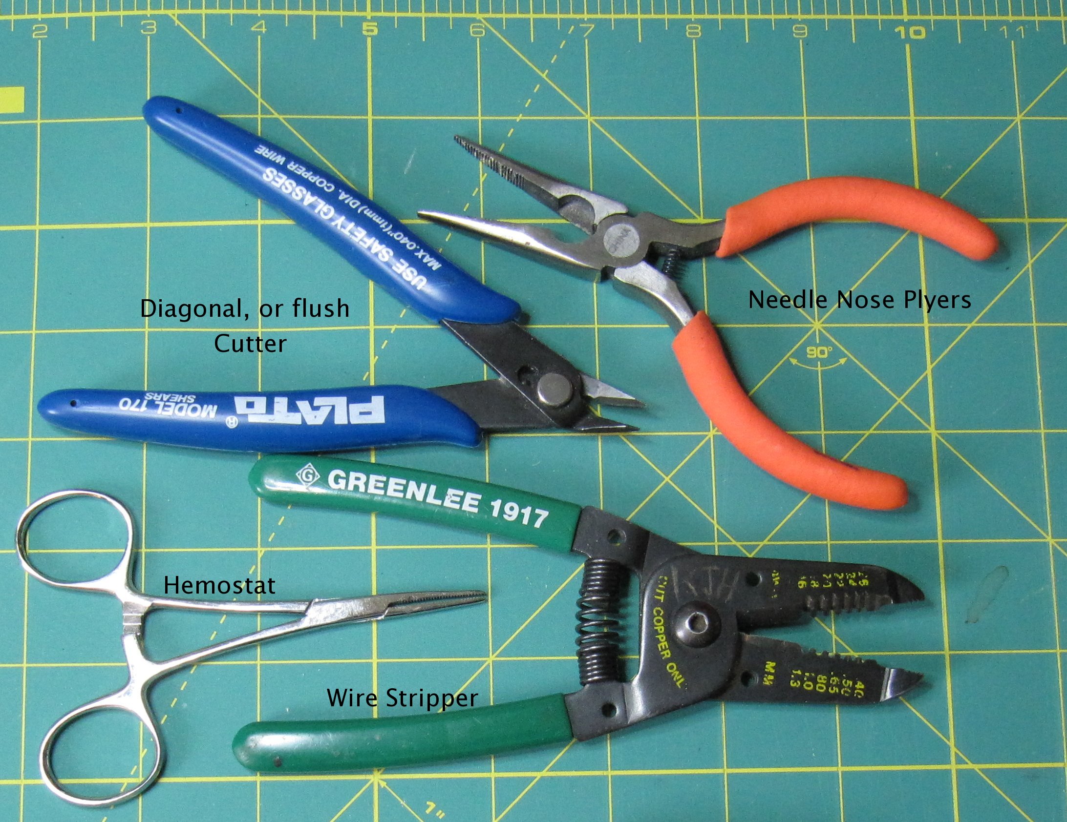 cutters, needle nose, strippers, hemostat